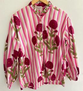 Pink Poppy Print Striped Shirt
