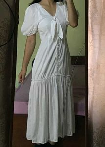White Puff-sleeve Midi Dress.