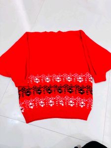 Red Patterned V-Neck Sweater
