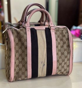 Auth Gucci Beige Canvas And Leather Web Boston Bag