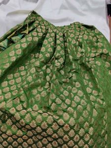Green Brocade Skirt With Crop Top And Jacket