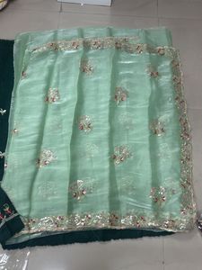 Elegant Mint Green Embroidered Saree