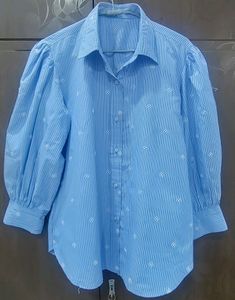 Embroidered Blue Shirt With Bishop Sleeves