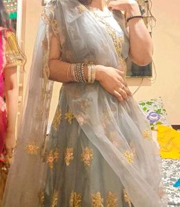 Silver Lengha With Green And Pink Contrast