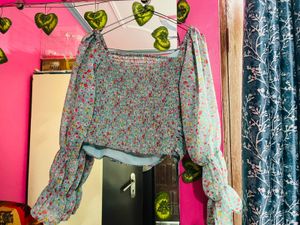 Pastel Blue Floral Ruched Top
