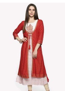 Red Gold Printed With False Jacket Style Kurti