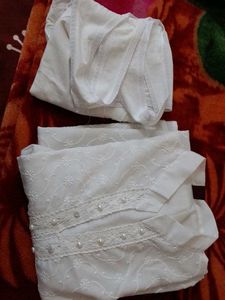 XXL White Chikan Kari Embroidered Kurti Set