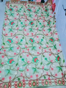 BEIGE KANTHA STITCH SAREE