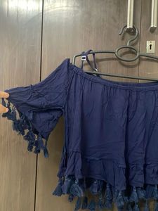 Blue Tassel Off-Shoulder Top