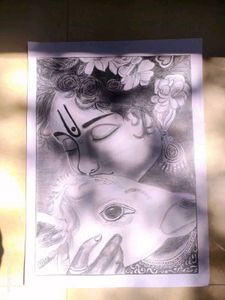 Krishna & Cow Sketch - Hand-Drawn Art