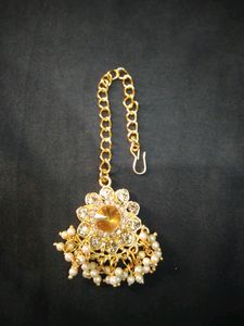 Gold Plated Bridal White Stone Earrings Maang Tika