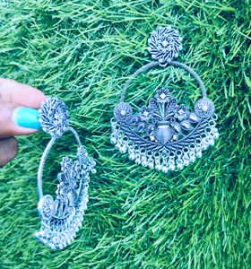 Oxidised Silver Big Round Jhumka Earrings
