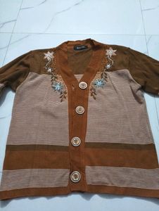Embroidered Brown Cardigan