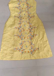 Yellow Embroidered sleeveless kashmiri work kurta