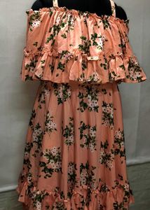 New Piece Floral Ruffle Midi Peach Dress For M Siz