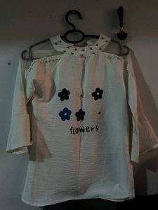Office White High Necked Net Top With Floral Sleev