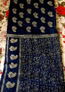Elegant Navy &amp; Silver Embroidered Fabric New