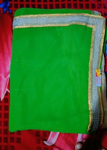 Parrot Green Saree💚 With Golden Col. Blouse 💛