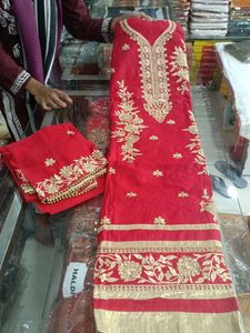Red Embroidered Dress Material