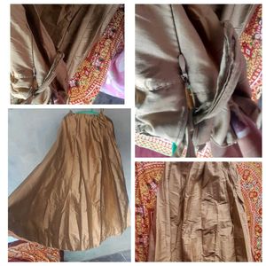 “Golden-Brown Long Skirt with Side Chain