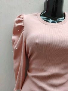 Pearl Puff Sleeve Ribbed Top