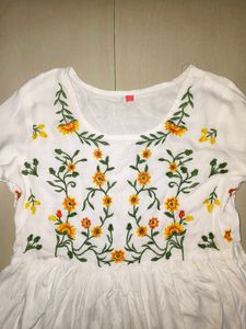 White Floral Embroidered Flared Kurti