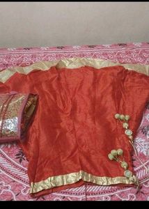 Red &amp; Gold Embroidered Salwar Kameez 5pc