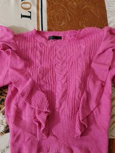 Pink Ruffle Detail Knit Sweater