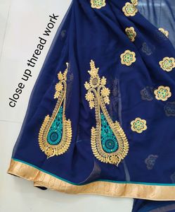 Georgette Navy Blue Saree With  Thread  Embroidery