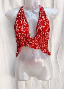 4151. Red Floral Halter Crop Top