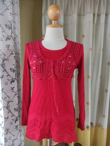 Red Knit Tunic Top with Crochet Detail