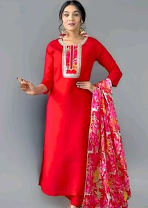 Red Embroidered Kurta Set