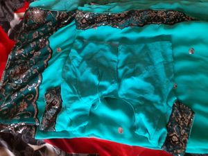 Sky Blue Heavy Net Work Saree With Blouse