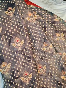 Elegant Printed Saree Gray and red (with blouse)