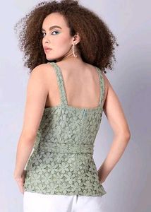 Faballey Green Lace Strappy Belted Peplum Top