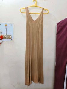 Tan Ribbed Knit Midi Dress