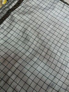 Silver Black Check Pattern Georgette Saree