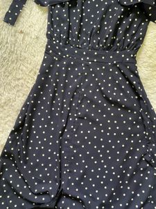 Navy Polka Dot Tie-Neck Midi Dress