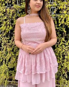 &#34;Baby Pink Palazzo Pant Set with Peplum Top &amp; Dupa