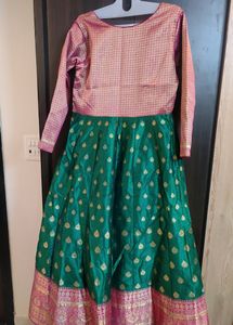 Pink And Green Pure Benarasi Frock With Dupatta