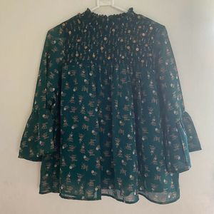 Boho Floral Smocked Peasant Top – Sheer Forest Gre