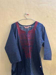 Aaboli Navy Blue Long Kurta with Red Embroidery