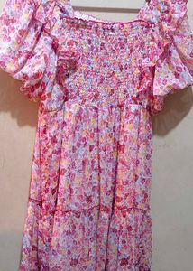Light Pink Multicolored Dress With Ruffle Sleeve