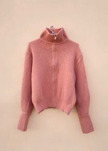 Pink Ribbed Knit Zip-Up Sweater