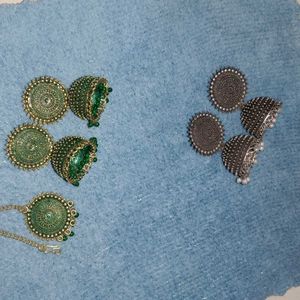 Ethnic Jhumka Earring Set - Green & Oxidized Silve