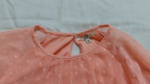 Peach Swiss Dot Balloon Sleeve Blouse