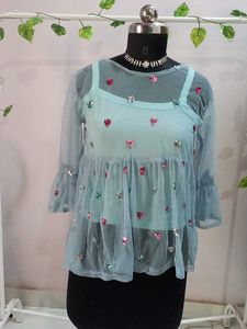 Sky Blue Mesh Sequins Top