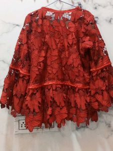 Red Floral Lace Bell Sleeve Top