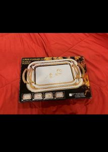 3 Steel Serving Tray With Golden Flower 🌼 Design