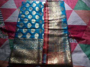 Blue &amp; Red Katan Benarasi Heavy Saree